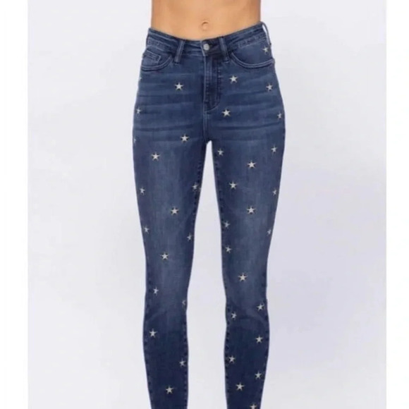Judy Blue High Rise Starry Night Raw Edge Embroidered Skinny Jeans - Picture 3 of 11